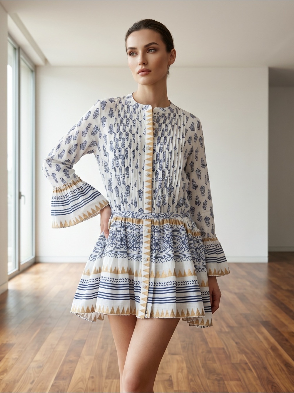 Rhea White Mini Dress with Intricate Blue & Ivory Mixed Print with Gold Accents